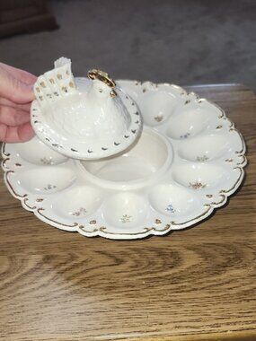 SFA Pottery 1961 vintage deviled egg tray platter chicken lid cover gold trim